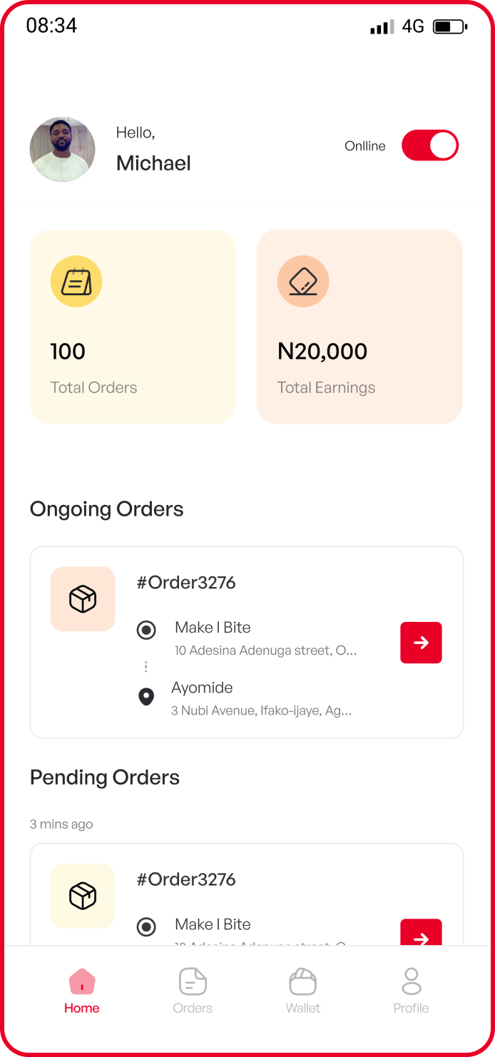 Aldor Rider app dashboard
